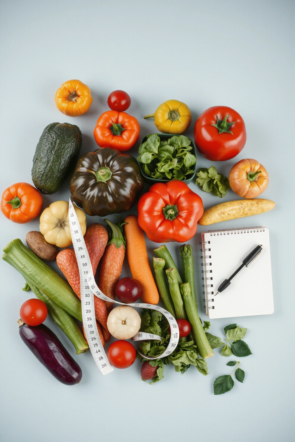 A vibrant flat lay of various fresh vegetables and fruits, a measuring tape, and a small journal with a pen, depicting a mindful approach to meal planning and consistent healthy habits.