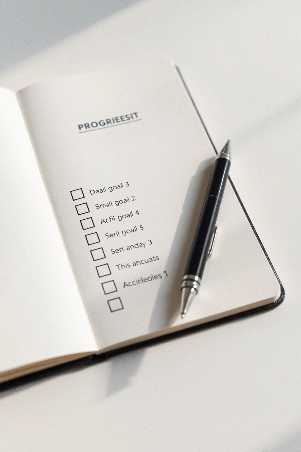 A minimalist image of a progress tracker or journal with a pen, depicting small, achievable goals being checked off.