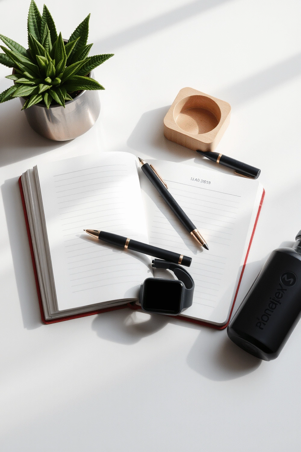 A neatly organized desk with a planner, a pen, a fitness tracker, and a water bottle, symbolizing goal setting and progress tracking.