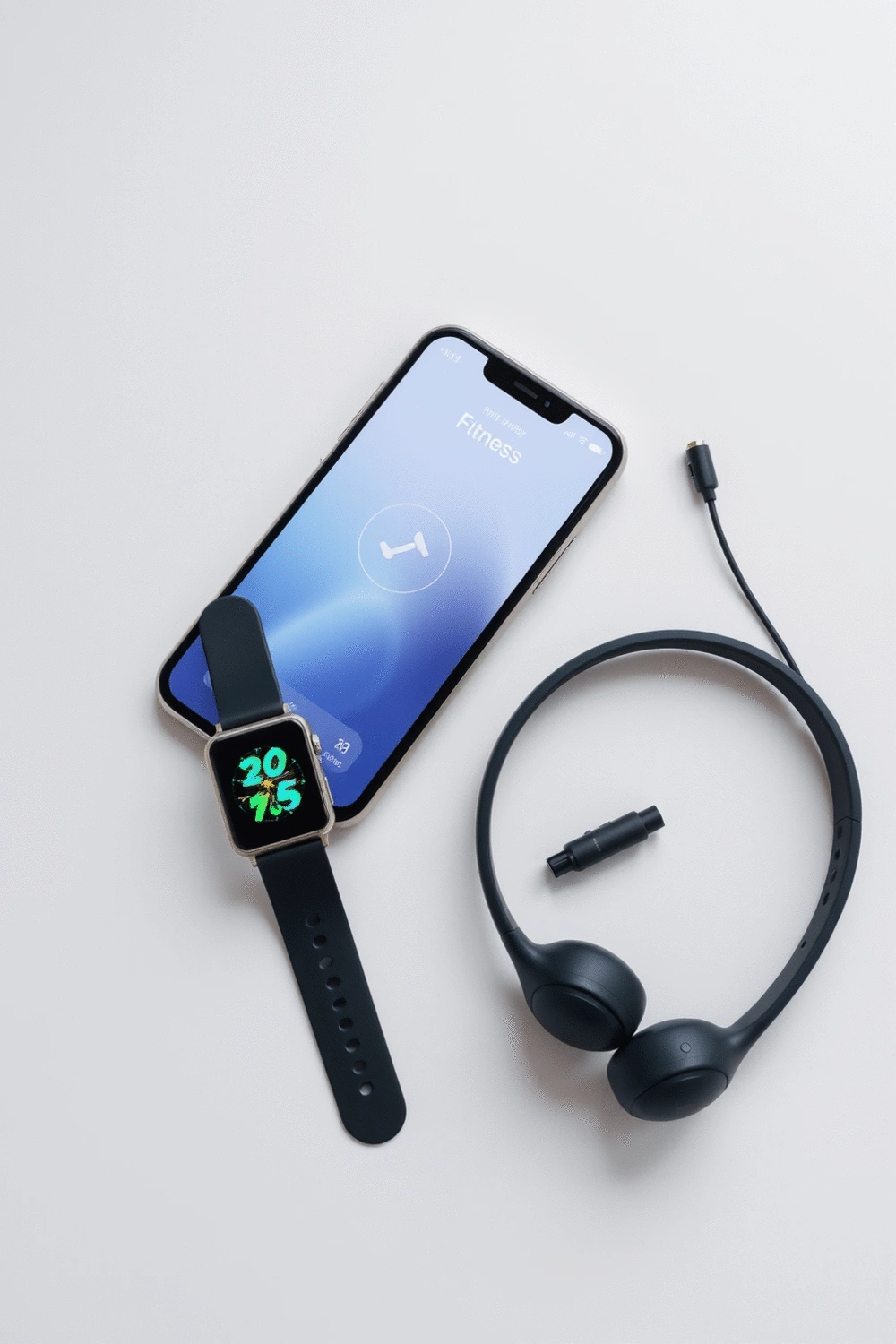 Fitness tracker, smartphone with a fitness app, and a pair of headphones on a minimalist background, symbolizing tech tools for fitness.