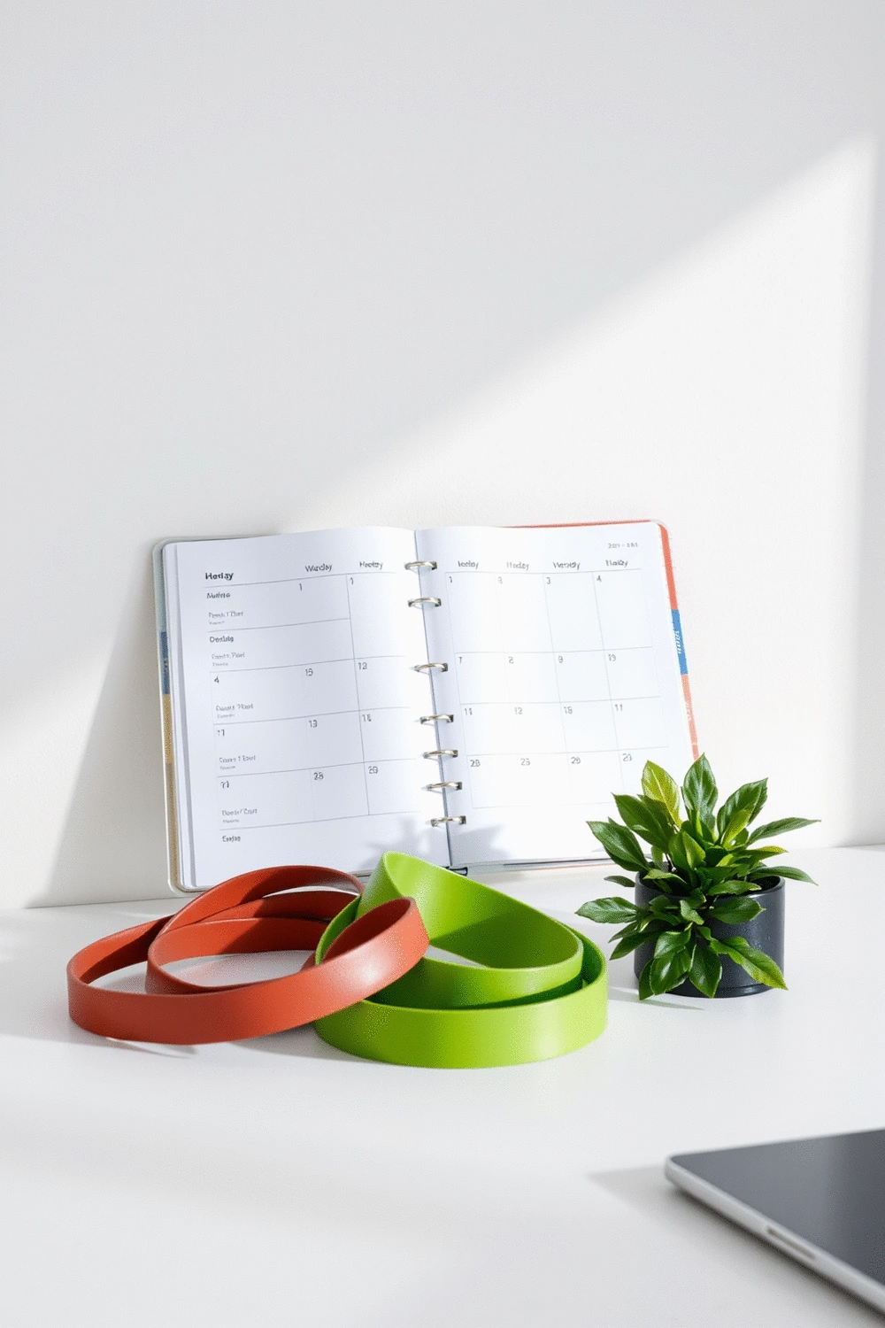 A minimalist desk with a planner, a small plant, and workout equipment like a resistance band, symbolizing organized time management and fitness integration.