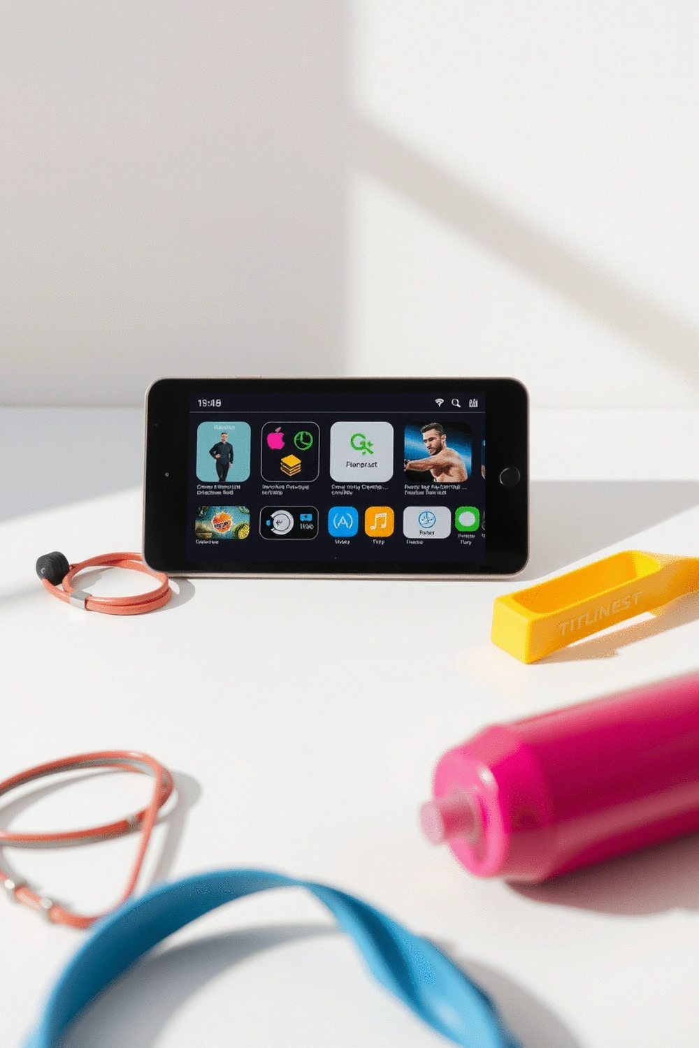 Various fitness apps displayed on a tablet screen, surrounded by small fitness equipment like resistance bands and a water bottle.