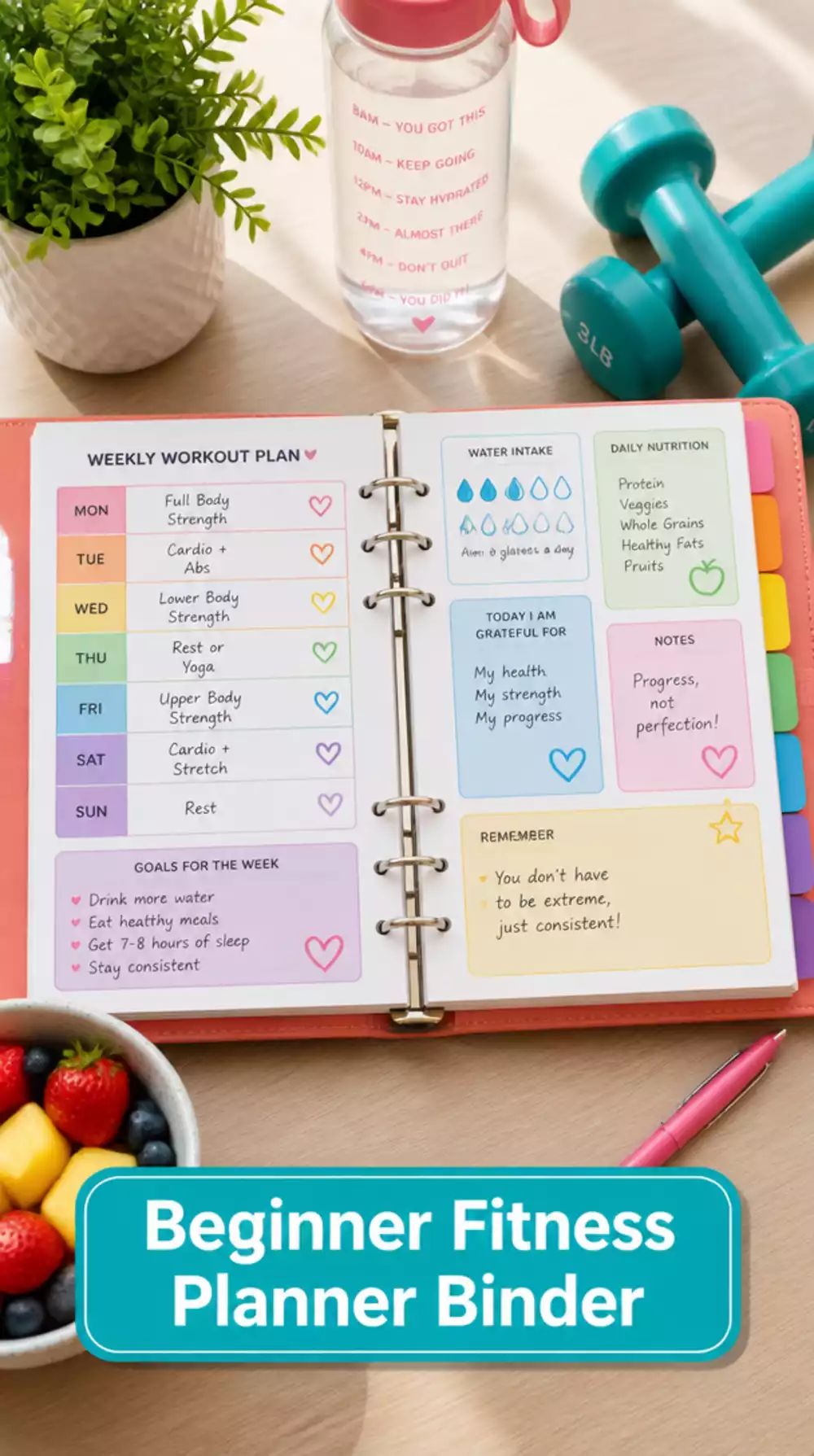 Beginner Fitness Planner Binder That Organises Goals, Schedules, and Results