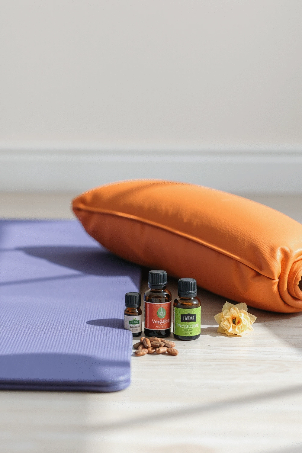 Still life composition of a yoga mat, meditation cushion, and essential oils, suggesting a mindful approach to fitness.
