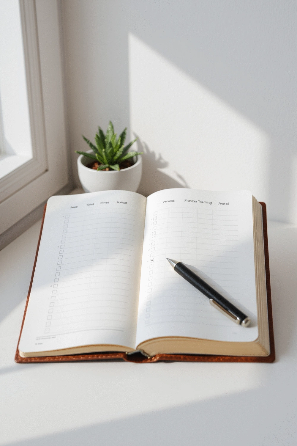 A minimalist journal open to a fitness tracking page with a pen, next to a small plant, illustrating goal setting and progress tracking.