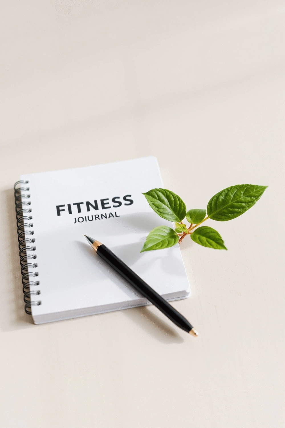 A minimalist still life composition featuring a fitness journal, a pen, and a small, vibrant green plant on a clean, light wooden surface, symbolizing consistency and growth in fitness.