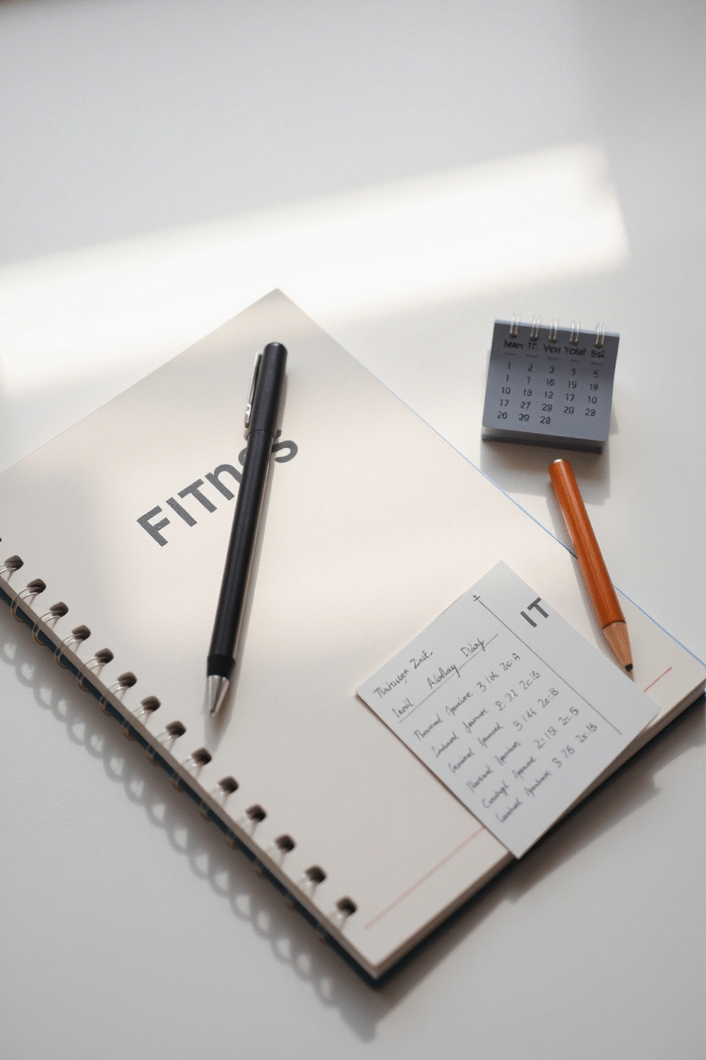 Still life composition of a fitness journal, a pen, and a small calendar with workout days marked, on a clean desk.