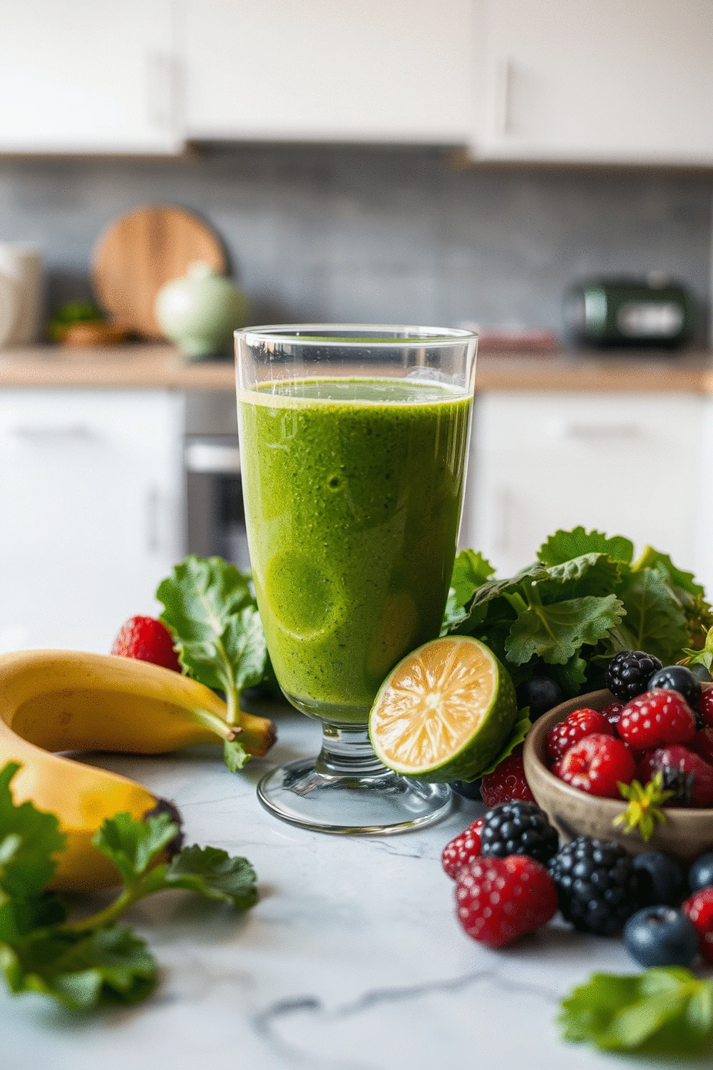 A vibrant green smoothie and fresh fruits arranged on a kitchen counter, suggesting a healthy diet