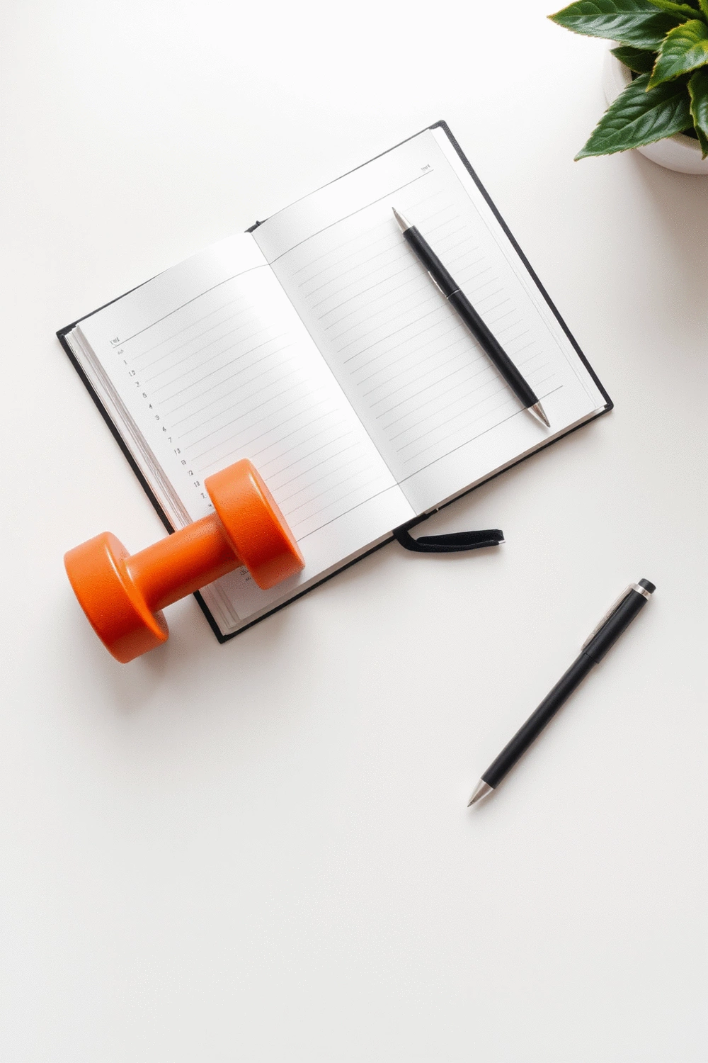 A flat lay of a fitness journal, a pen, and a small dumbbell on a clean desk
