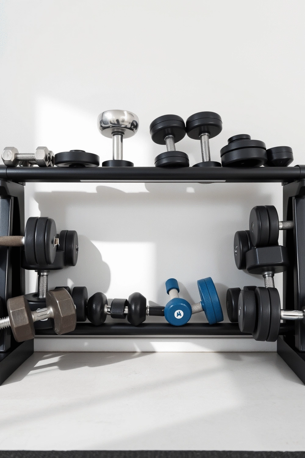 A collection of varied dumbbells neatly arranged on a rack in a minimalist home gym setting with natural light.