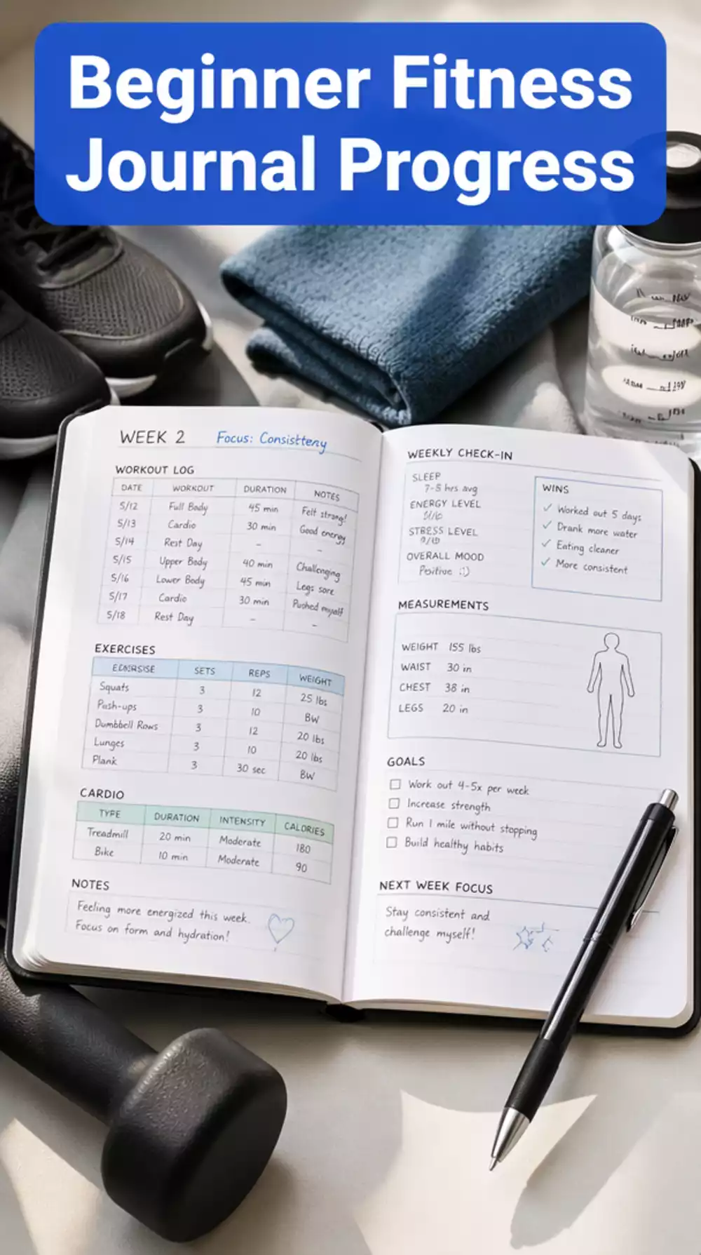 Beginner Fitness Journal That Tracks Workouts, Goals, and Progress