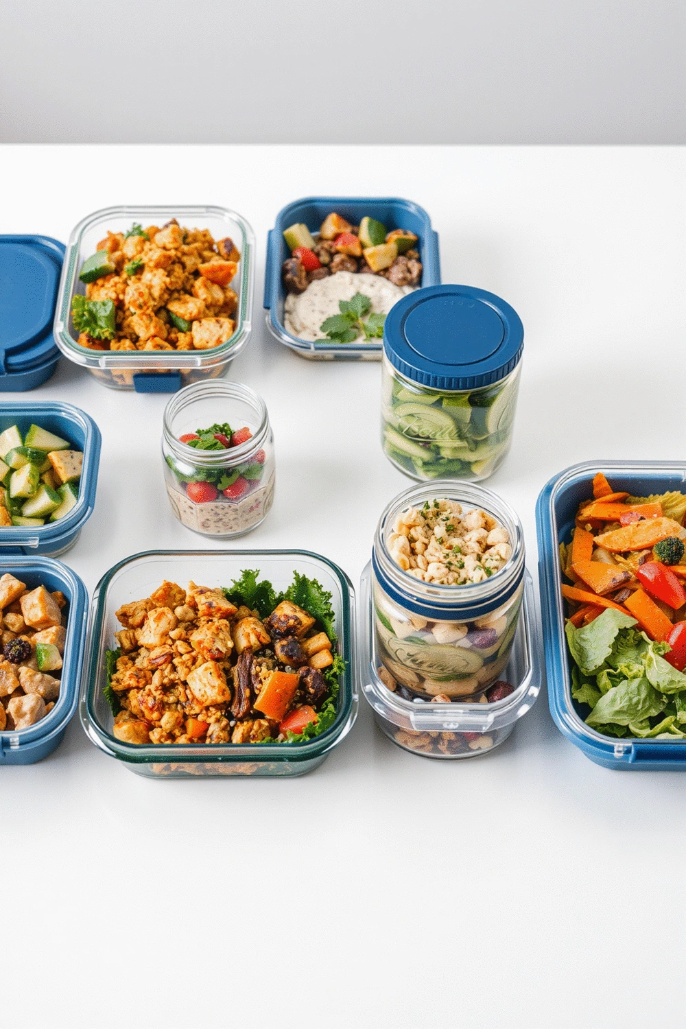 Various colorful meal prep containers filled with healthy, budget-friendly food options.