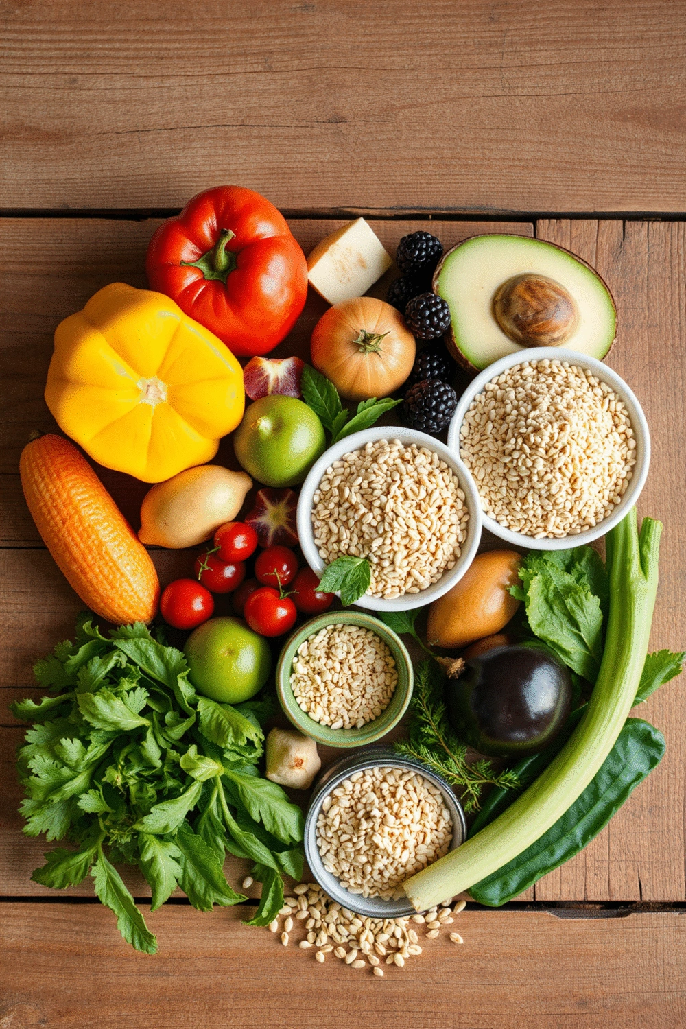 A flat lay of various healthy ingredients like fruits, vegetables, and whole grains, arranged aesthetically on a rustic wooden table.
