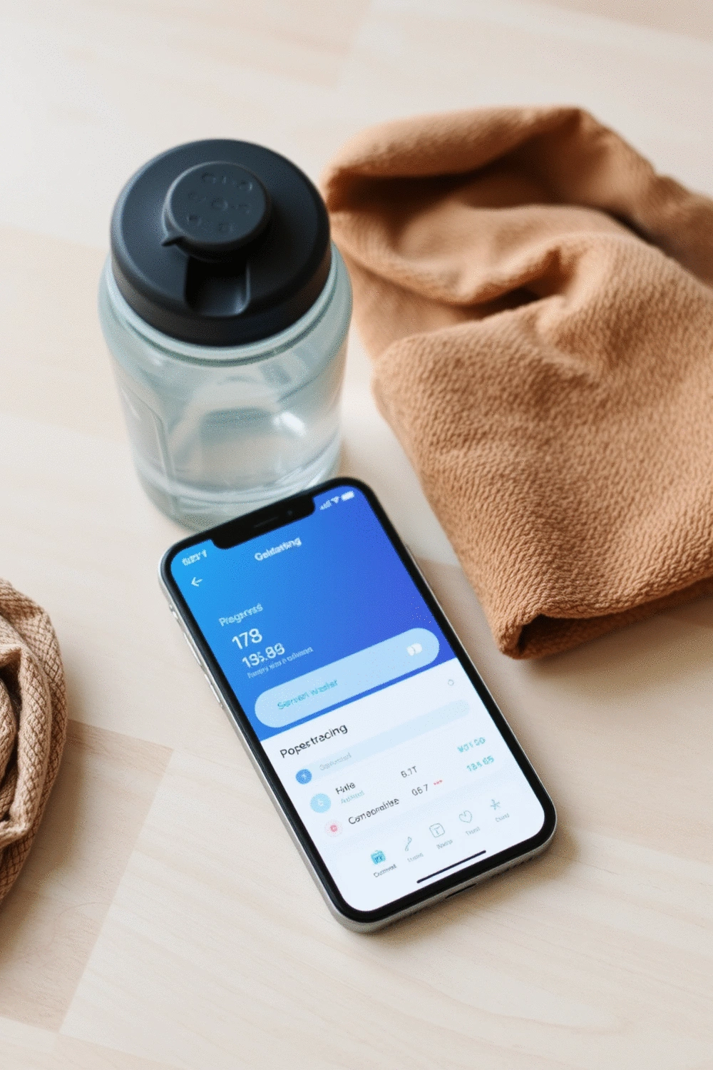 A smartphone displaying a fitness tracking app, next to a water bottle and a small towel