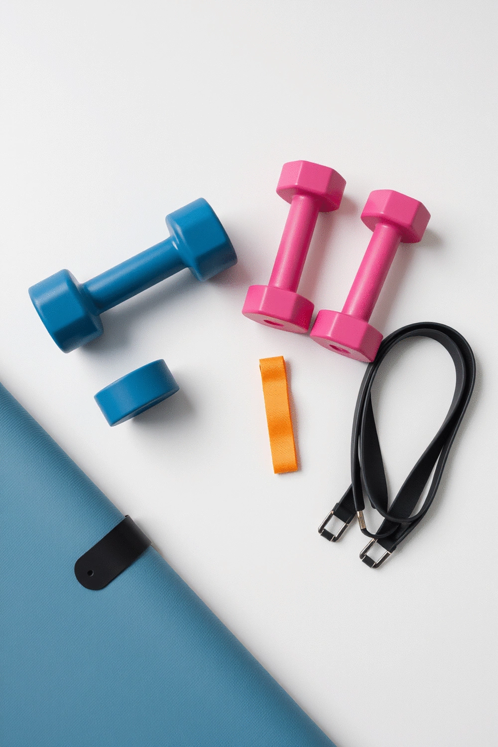 Arrangement of various simple fitness equipment such as dumbbells, resistance bands, and a yoga mat on a clean, light background.