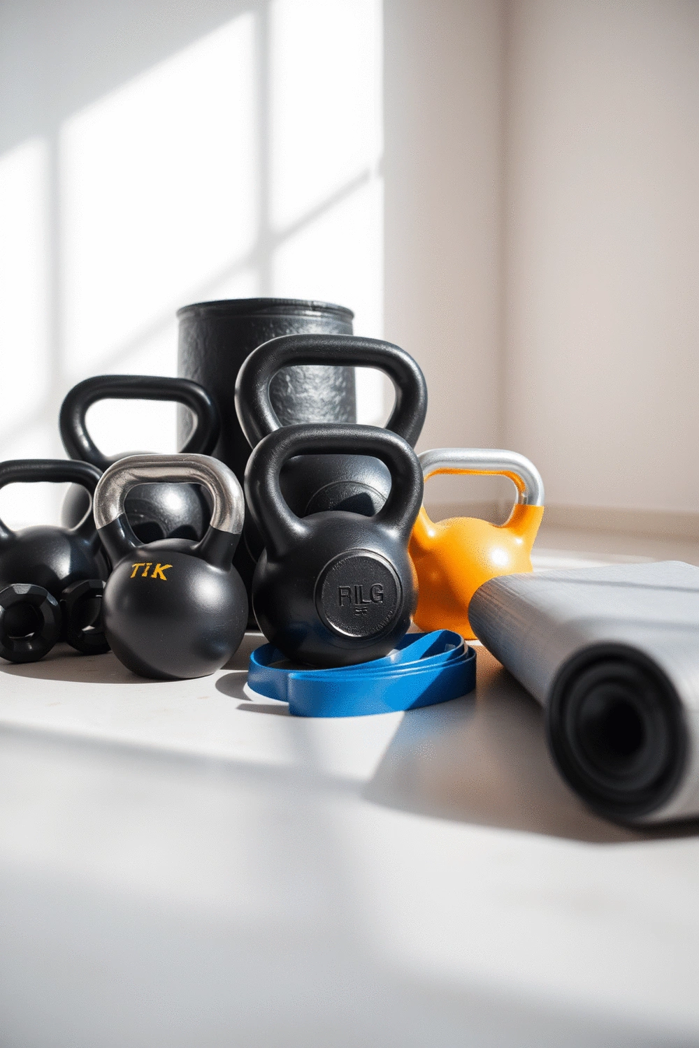 A collection of weight training equipment including kettlebells, resistance bands, and a yoga mat, arranged neatly in a bright, minimalist studio space
