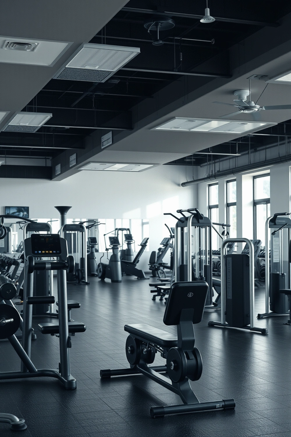 Empty gym interior with various fitness equipment, focusing on weights and machines, clean and modern aesthetic