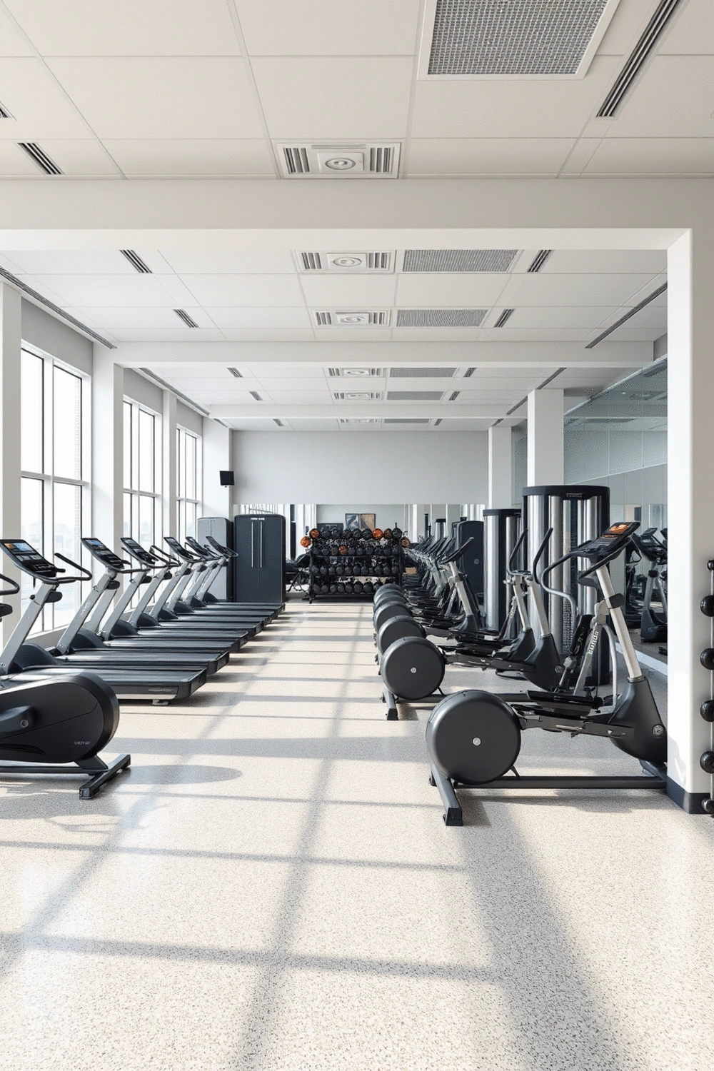 Interior of a modern, clean gym with various cardio machines and weight racks, empty and well-lit, soft natural light from large windows.