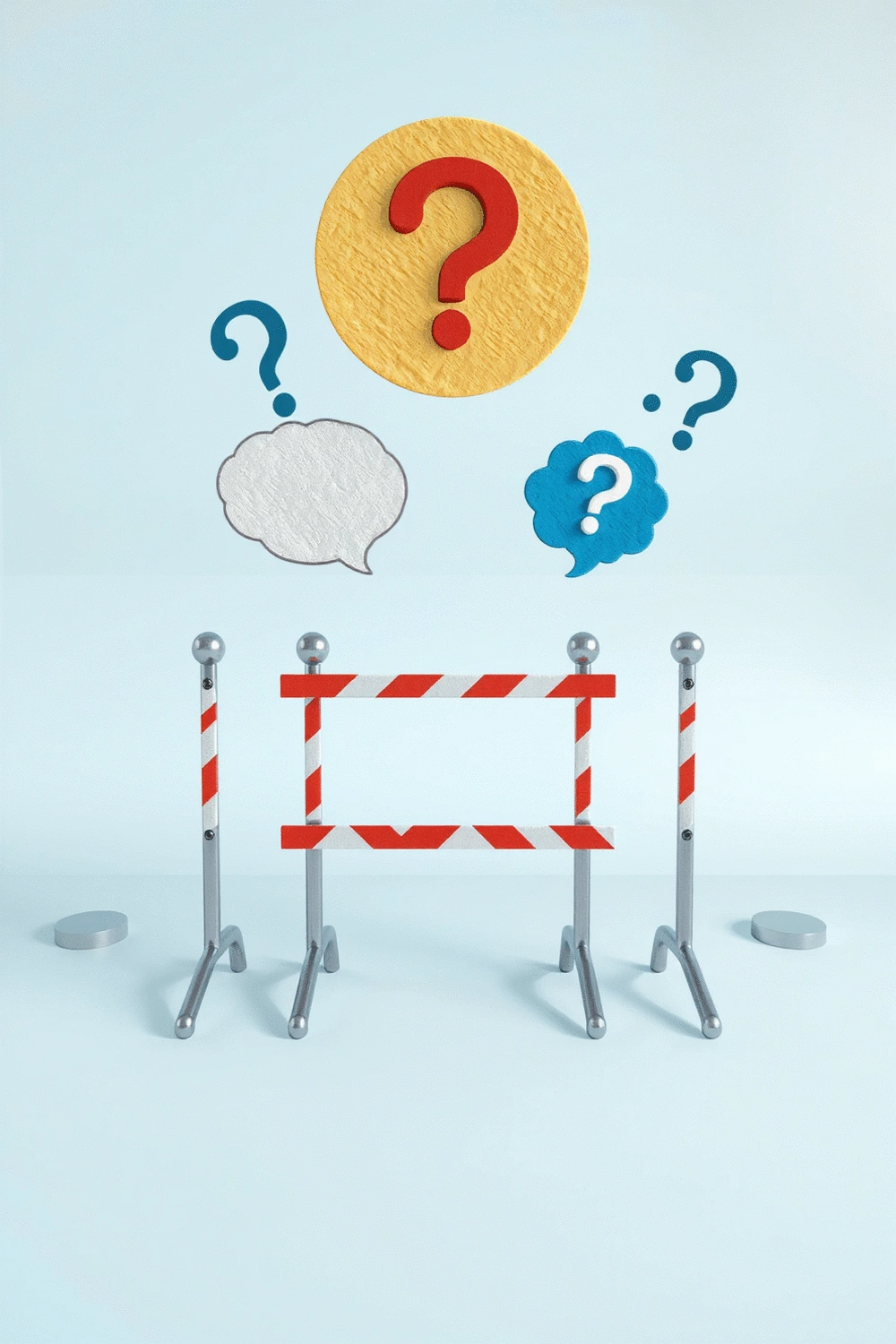 Illustration of various psychological barriers represented by abstract shapes and symbols, such as question marks, thought bubbles, and confused expressions, against a clean, minimalist background.