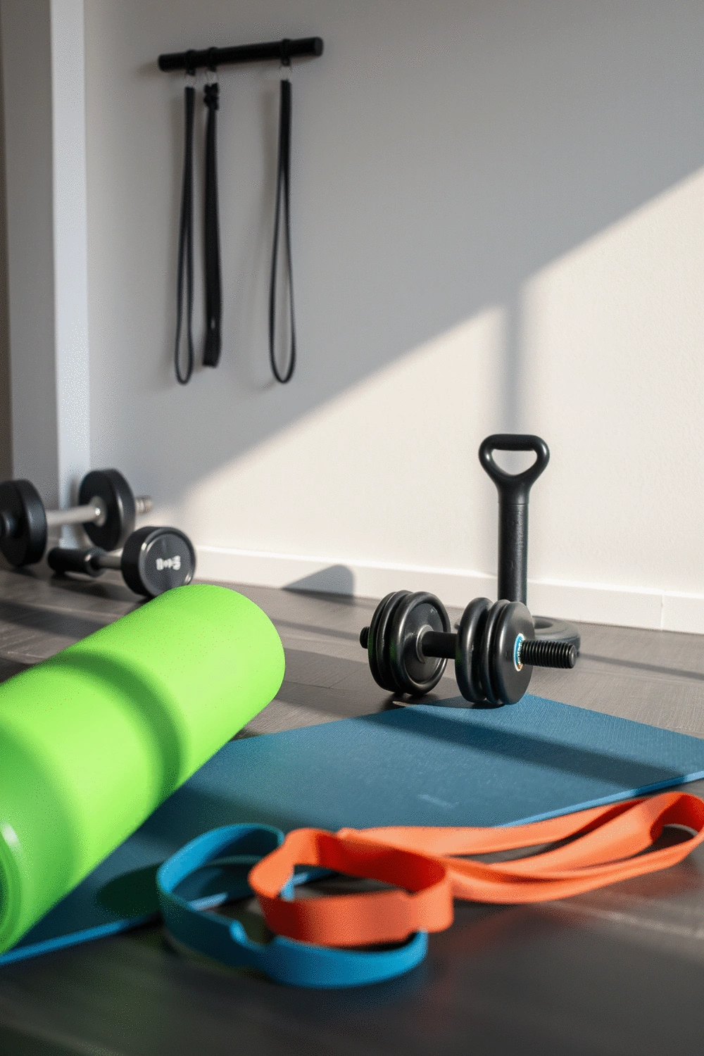 Fitness equipment arranged in a clean, minimalist gym setting.