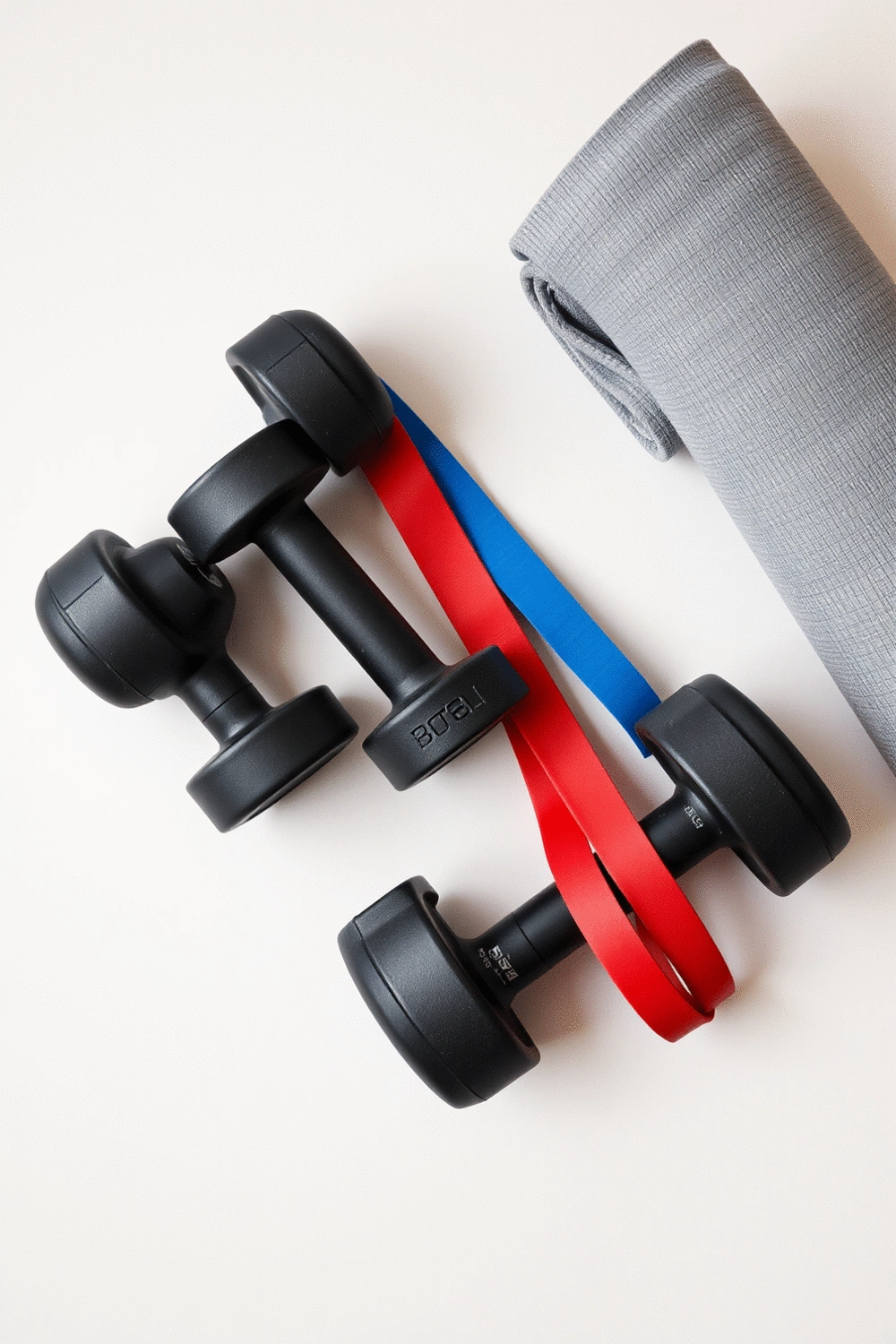A flat lay of various home gym equipment including a set of dumbbells, colorful resistance bands, and a rolled-up yoga mat on a minimalist background.